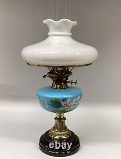 Antique Oil Lamp Blue Opaline Font Milk Glass Shade Falks Duplex Burner