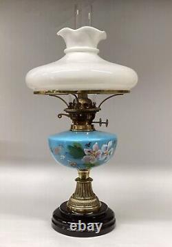 Antique Oil Lamp Blue Opaline Font Milk Glass Shade Falks Duplex Burner