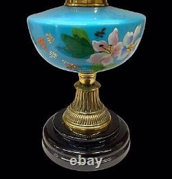 Antique Oil Lamp Blue Opaline Font Milk Glass Shade Falks Duplex Burner