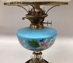 Antique Oil Lamp Blue Opaline Font Milk Glass Shade Falks Duplex Burner