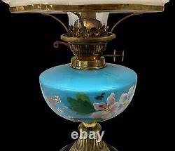 Antique Oil Lamp Blue Opaline Font Milk Glass Shade Falks Duplex Burner