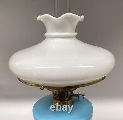 Antique Oil Lamp Blue Opaline Font Milk Glass Shade Falks Duplex Burner