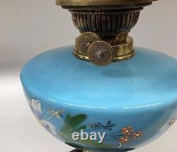 Antique Oil Lamp Blue Opaline Font Milk Glass Shade Falks Duplex Burner