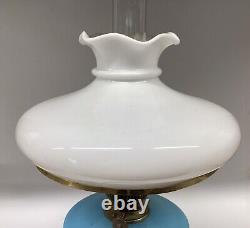 Antique Oil Lamp Blue Opaline Font Milk Glass Shade Falks Duplex Burner