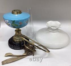 Antique Oil Lamp Blue Opaline Font Milk Glass Shade Falks Duplex Burner