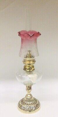 Antique Oil Lamp Brass Base And French Burner Graduated Cranberry Tulip Shade