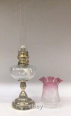 Antique Oil Lamp Brass Base And French Burner Graduated Cranberry Tulip Shade