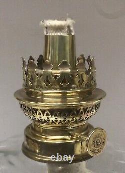 Antique Oil Lamp Brass Base And French Burner Graduated Cranberry Tulip Shade