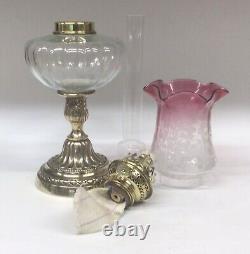 Antique Oil Lamp Brass Base And French Burner Graduated Cranberry Tulip Shade