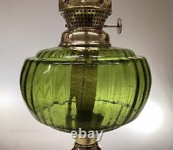 Antique Oil Lamp Brass Base Green Glass Font Fluted Single Wick Burner