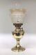 Antique Oil Lamp Brass Cental Draught Burner Frilly Acid Etched Shade