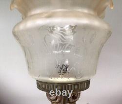 Antique Oil Lamp Brass Cental Draught Burner Frilly Acid Etched Shade