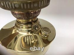 Antique Oil Lamp Brass Cental Draught Burner Frilly Acid Etched Shade