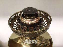 Antique Oil Lamp Brass Cental Draught Burner Frilly Acid Etched Shade