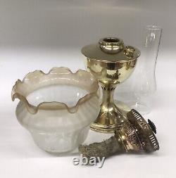 Antique Oil Lamp Brass Cental Draught Burner Frilly Acid Etched Shade