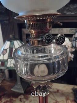 Antique Oil Lamp Brass Corinthian Colum Base Clear Ribbed Font Tulip Shade Pink