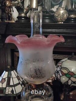 Antique Oil Lamp Brass Corinthian Colum Base Clear Ribbed Font Tulip Shade Pink