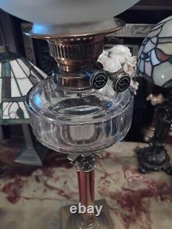 Antique Oil Lamp Brass Corinthian Colum Base Clear Ribbed Font Tulip Shade Pink