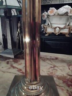 Antique Oil Lamp Brass Corinthian Colum Base Clear Ribbed Font Tulip Shade Pink