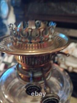 Antique Oil Lamp Brass Corinthian Colum Base Clear Ribbed Font Tulip Shade Pink