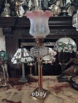 Antique Oil Lamp Brass Corinthian Colum Base Clear Ribbed Font Tulip Shade Pink