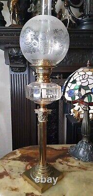 Antique Oil Lamp Brass Corinthian Column C Ribbed Font Etched Victorian Shade