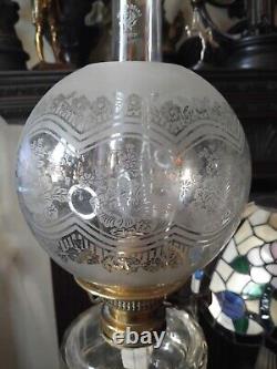 Antique Oil Lamp Brass Corinthian Column C Ribbed Font Etched Victorian Shade