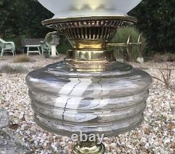 Antique Oil Lamp Brass Doric Column Base Clear Ribbed Font Tulip Shade Pink Tip