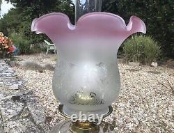 Antique Oil Lamp Brass Doric Column Base Clear Ribbed Font Tulip Shade Pink Tip