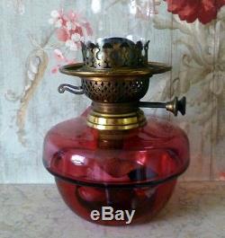 Antique Oil Lamp Brass and Cranberry/Ruby Glass 16