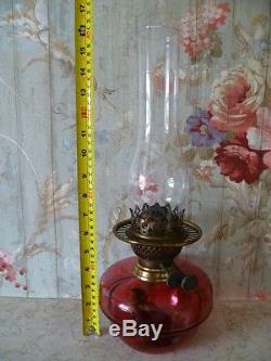 Antique Oil Lamp Brass and Cranberry/Ruby Glass 16