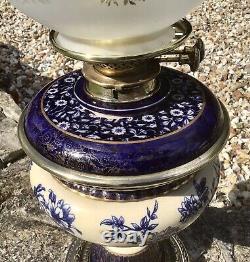 Antique Oil Lamp Calico Prunus Pattern Evereds collar Hinks Duplex Burner Cobalt