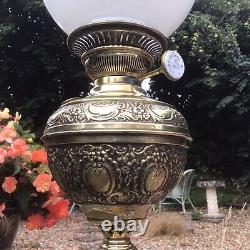 Antique Oil Lamp Central Draught Embossed Brass M. J. M. International Burner