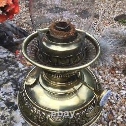 Antique Oil Lamp Central Draught Embossed Brass M. J. M. International Burner