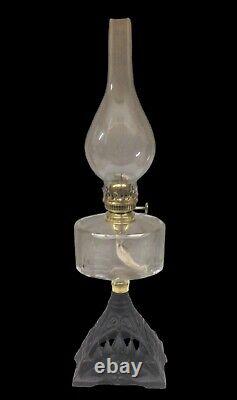 Antique Oil Lamp, Clear Font, Black Base, Glass Chimney, Brass Burner