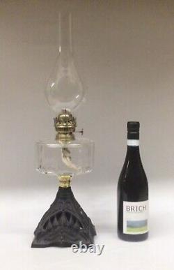 Antique Oil Lamp, Clear Font, Black Base, Glass Chimney, Brass Burner