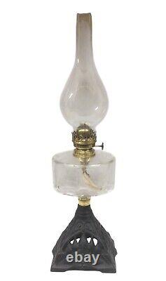 Antique Oil Lamp, Clear Font, Black Base, Glass Chimney, Brass Burner