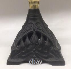 Antique Oil Lamp, Clear Font, Black Base, Glass Chimney, Brass Burner