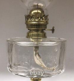 Antique Oil Lamp, Clear Font, Black Base, Glass Chimney, Brass Burner