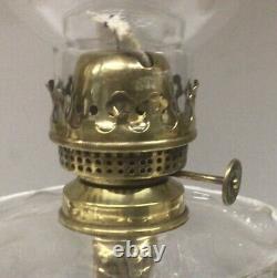 Antique Oil Lamp, Clear Font, Black Base, Glass Chimney, Brass Burner