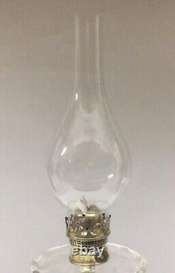 Antique Oil Lamp, Clear Font, Black Base, Glass Chimney, Brass Burner