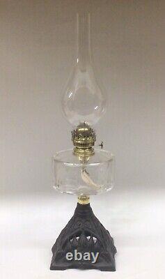 Antique Oil Lamp, Clear Font, Black Base, Glass Chimney, Brass Burner