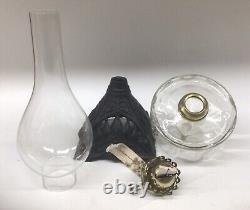 Antique Oil Lamp, Clear Font, Black Base, Glass Chimney, Brass Burner