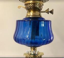 Antique Oil Lamp Cobalt Blue Font Brass Duplex Burner Acid Etched Shade