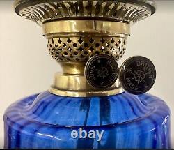 Antique Oil Lamp Cobalt Blue Font Brass Duplex Burner Acid Etched Shade