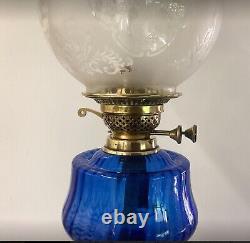 Antique Oil Lamp Cobalt Blue Font Brass Duplex Burner Acid Etched Shade