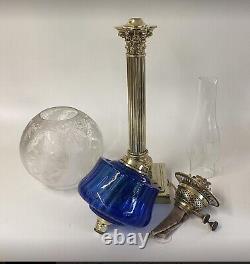 Antique Oil Lamp Cobalt Blue Font Brass Duplex Burner Acid Etched Shade