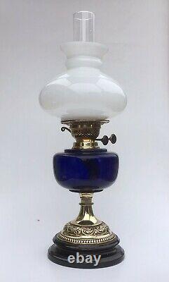 Antique Oil Lamp Cobalt Glass Font Milk Glass Mushroom Shade Duplex Burner
