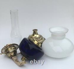 Antique Oil Lamp Cobalt Glass Font Milk Glass Mushroom Shade Duplex Burner