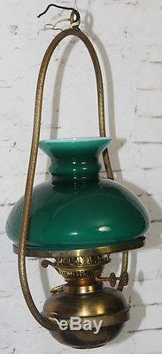 Antique Oil Lamp Converted Electric Hanging Light w Green Glass Shade PL3564